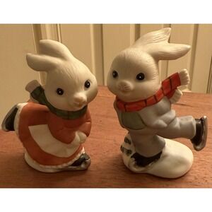 Vintage HOMCO 5305‎ Skating Bunnies Rabbits Set of 2 Boy and Girl.